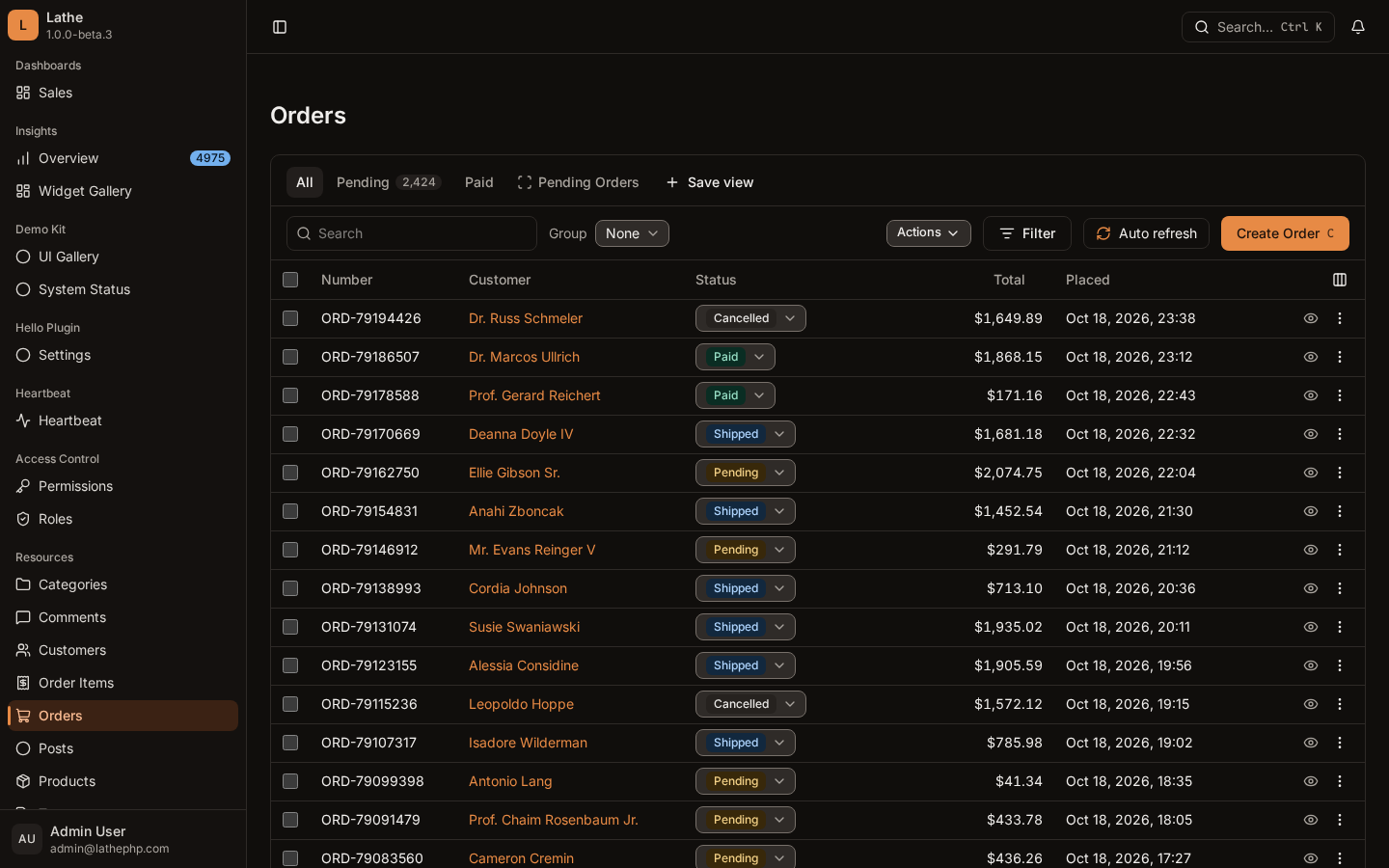 The Orders list in Lathe: a table of orders with status badges, totals and dates, with search, filters and tabs above it