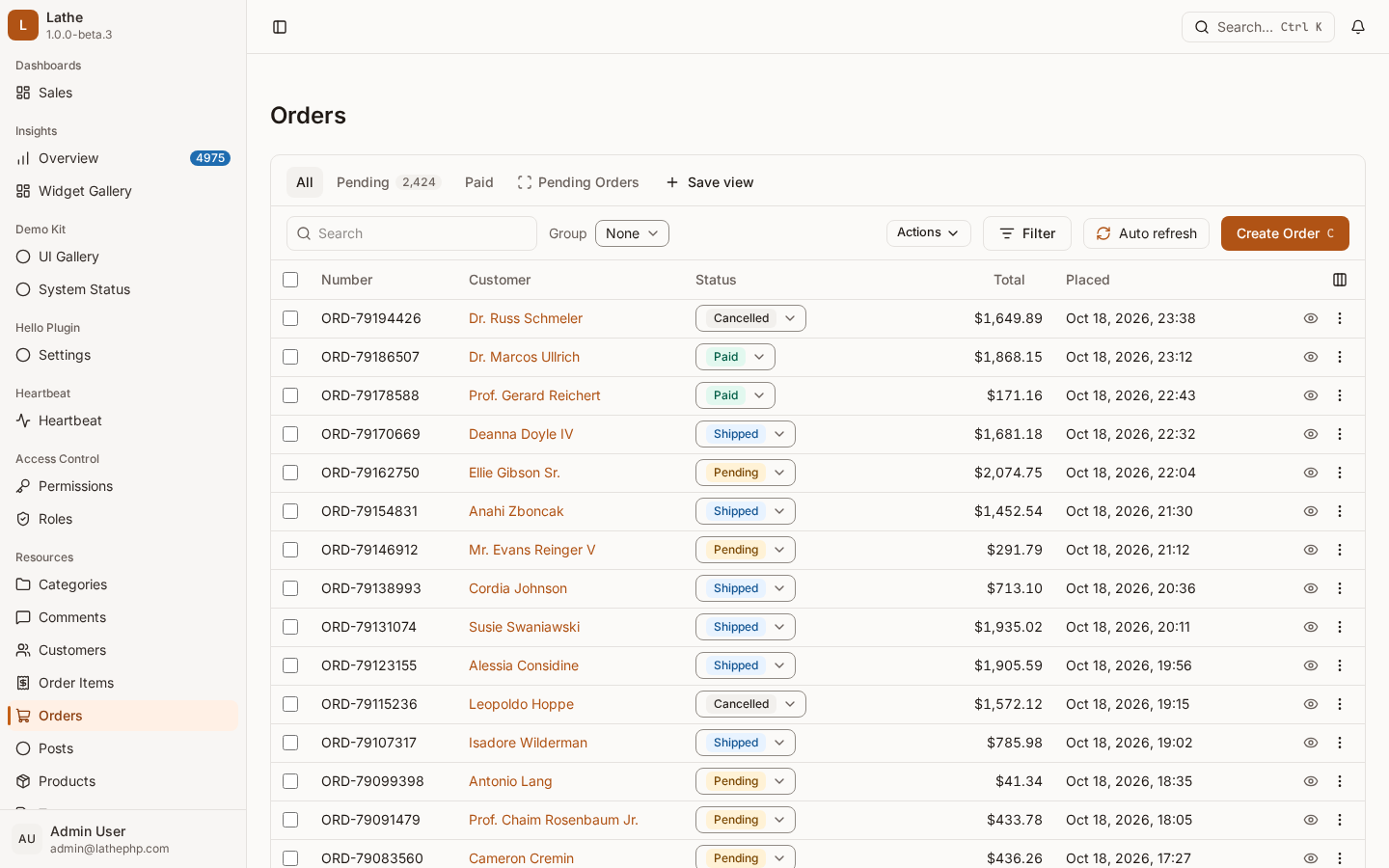 The Orders list in Lathe: a table of orders with status badges, totals and dates, with search, filters and tabs above it